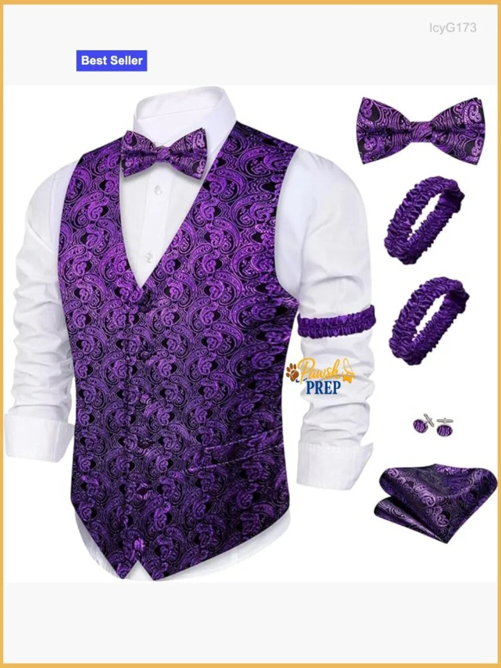 Men's Velvet Vest Set with Bowtie Cufflinks Formal Slim Fit Large